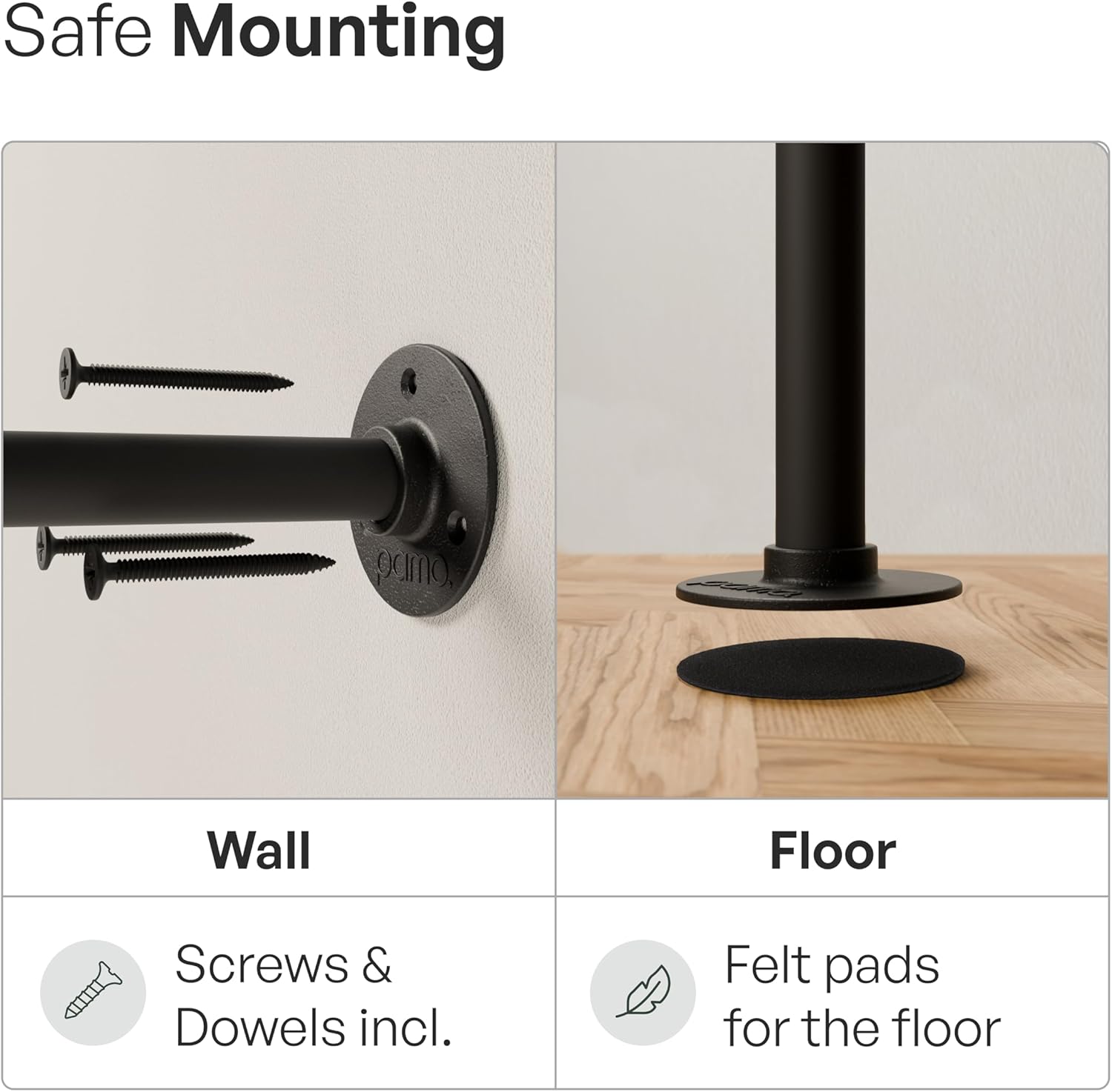 pamo Industrial Pipe Clothing Rack – Wall Mounted Black Closet System in Powder-Coated Steel – 41.4 W × 87.4 H – Easy Setup – Ideal for Walk-In Closets & Retail Use